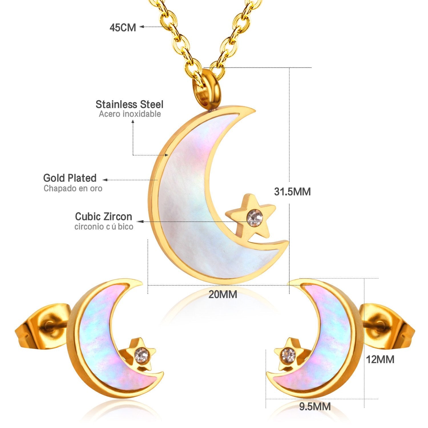 ASON Moon Star Shell 316L Stainless Steel Bridal Wedding Jewelry Sets for Women 2019 Necklace Pendant Small Stud Earring asonjewelry