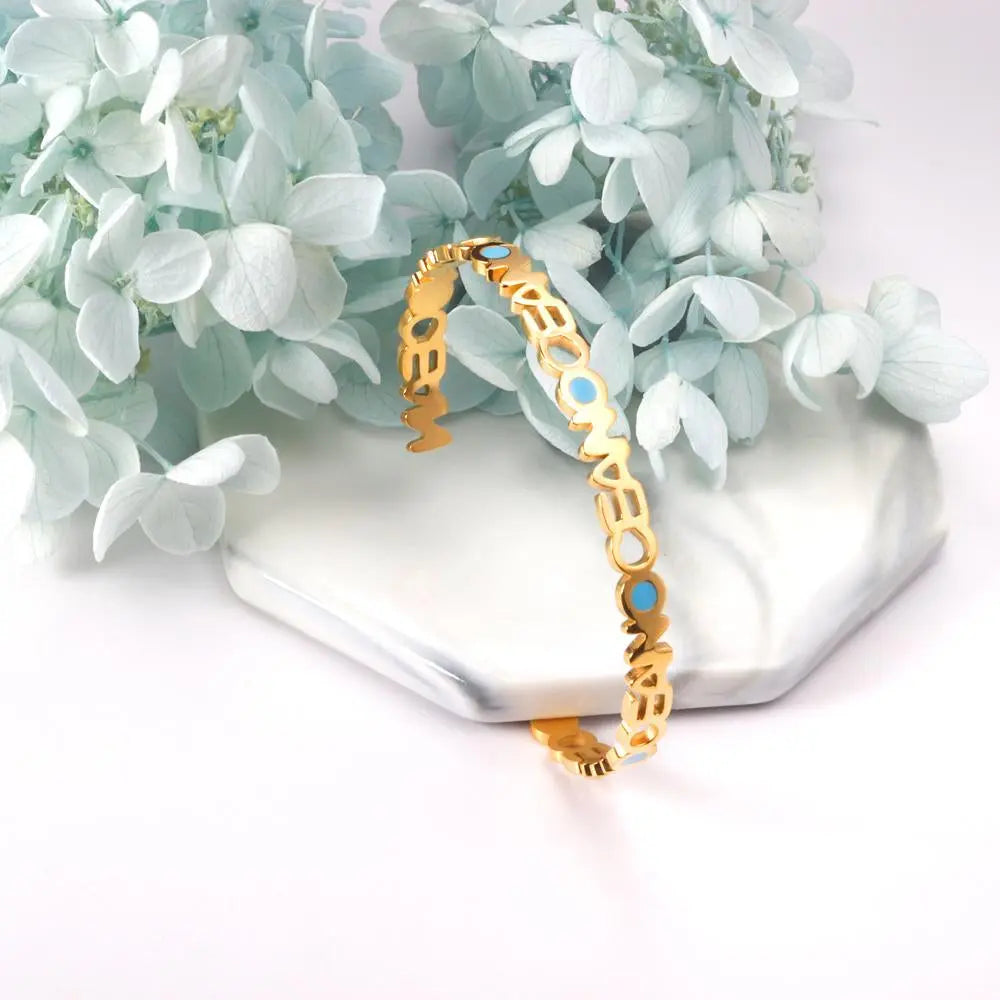 Mental Cuff Bracelets For Female Letter Stainless Steel Bangles With Blue Printed Christmas Vibe Trendy Jewelry Man asonjewelry