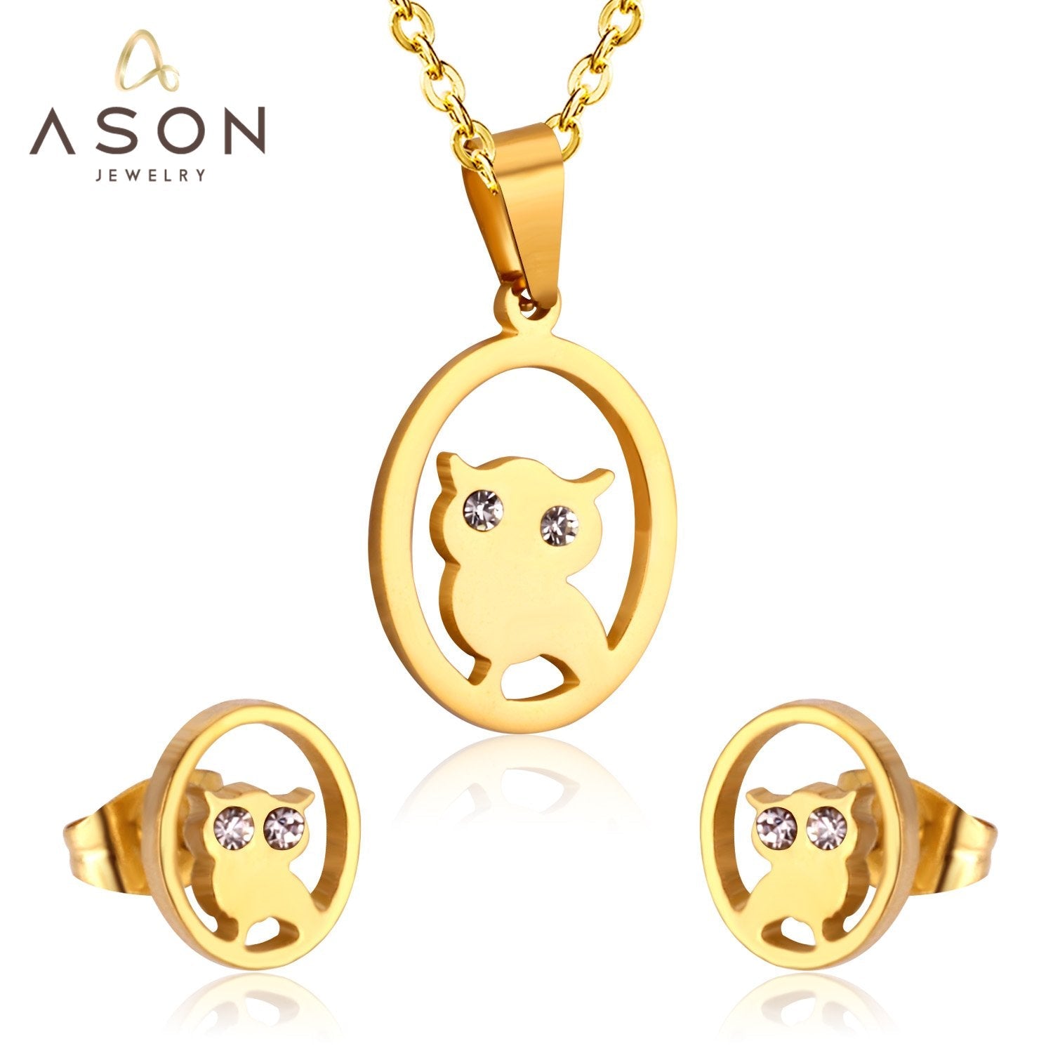 ASON Gold Color 316L Stainless Steel Jewelry Sets  for Women Round Owl Pendant Necklace Small Stud Earrings for Femme asonjewelry