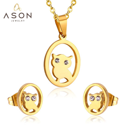 ASON Gold Color 316L Stainless Steel Jewelry Sets  for Women Round Owl Pendant Necklace Small Stud Earrings for Femme asonjewelry