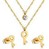 Key Pendant Stainless Steel Necklace Earring Crystal Wedding Bridal Gold Jewelry Set For Women Girls Jewellery Set