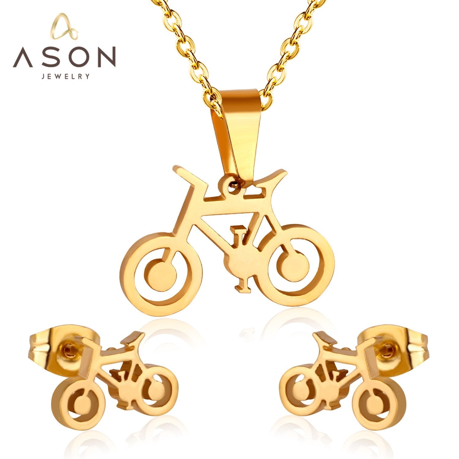 ASON Gold Color Jewelry Sets 316L Stainless Steel for Women Men Bike Shape Pendant Necklace Small Stud Earrings for Femme asonjewelry