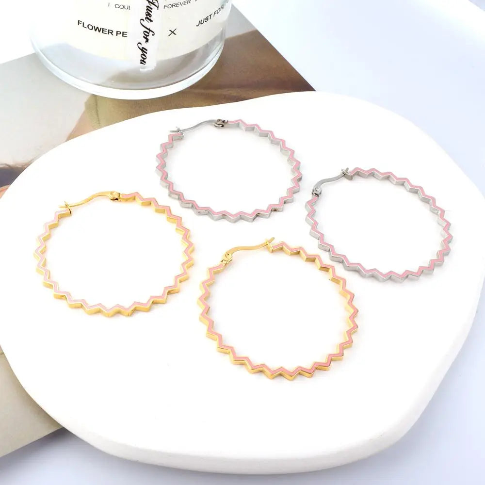 Bohemia Metal Large Wave Shape Hoop Earrrings Stainless Steel Blue Pink Color Irregular Ear Boho Jewelry Gifts for her asonjewelry