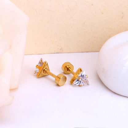 ASON Cute Size 6mm Gold Color Cubic Zirconia Triangle Screw Piercing Stud Earring Stainless Steel Earring For Women Jewelry asonjewelry