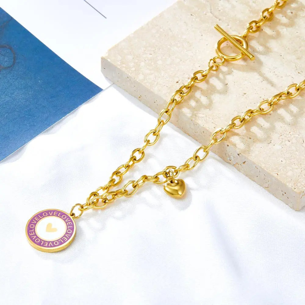 Pink Pendant Necklace Girls Round Heart Pattern Collier Link Chains Grunge Y2K Thick Chain Lady Romantic Gifts asonjewelry