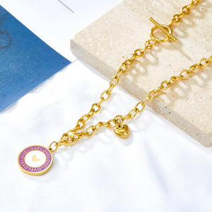 Pink Pendant Necklace Girls Round Heart Pattern Collier Link Chains Grunge Y2K Thick Chain Lady Romantic Gifts