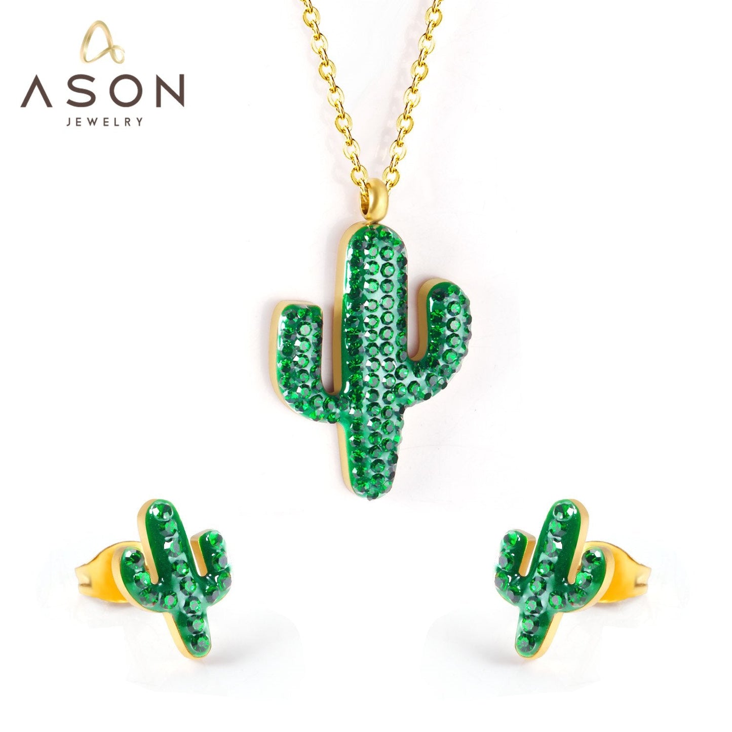 ASON Gold Color Stainless Steel Cactus Necklace and Earrings Jewelry Set with Green Rhinestone for Women Accessory Jewelry asonjewelry