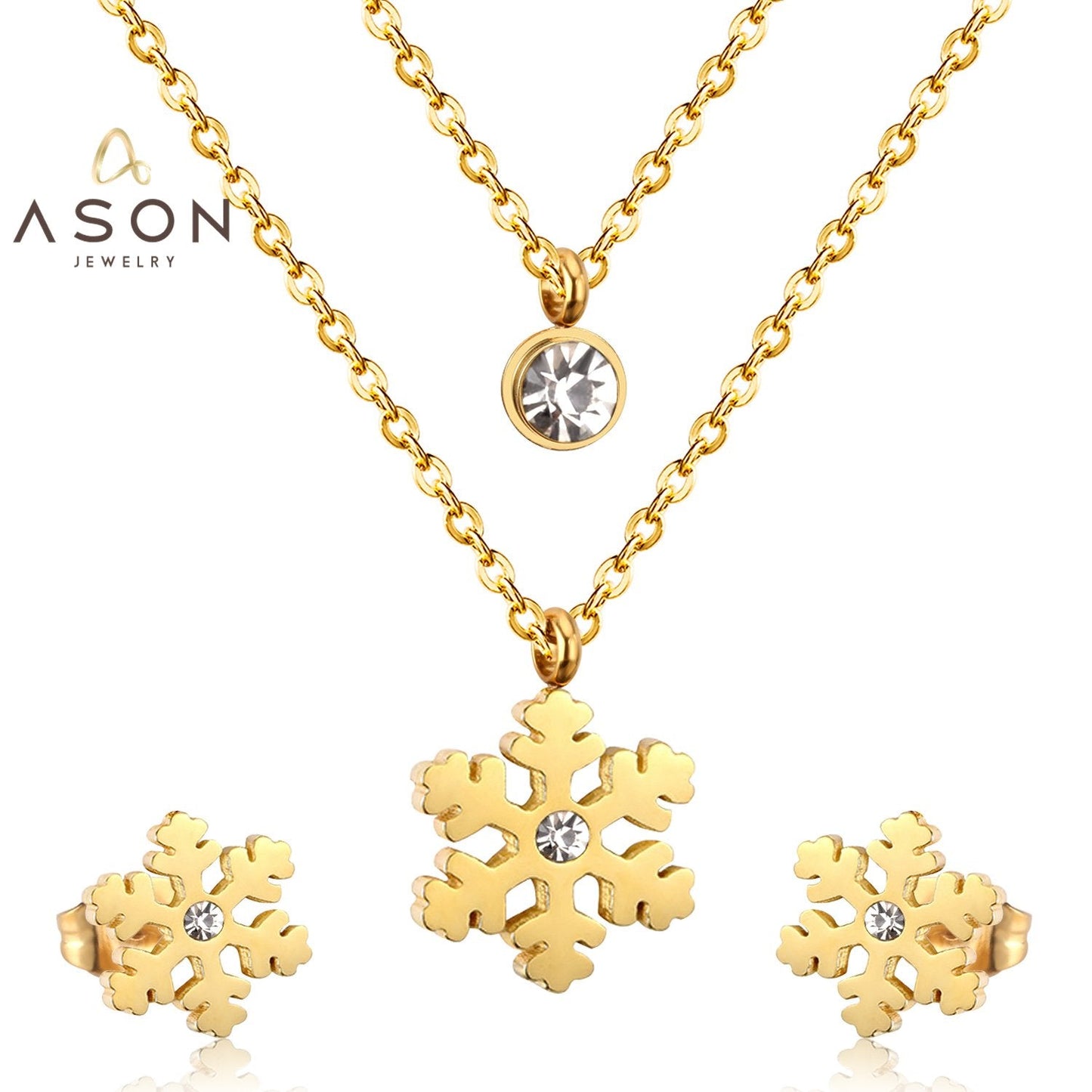 ASON Snowflake Cubic Zirconia Pendants Multilayer Necklace Earrings Jewelry Sets Gold Color Stainless Steel Women Christmas asonjewelry