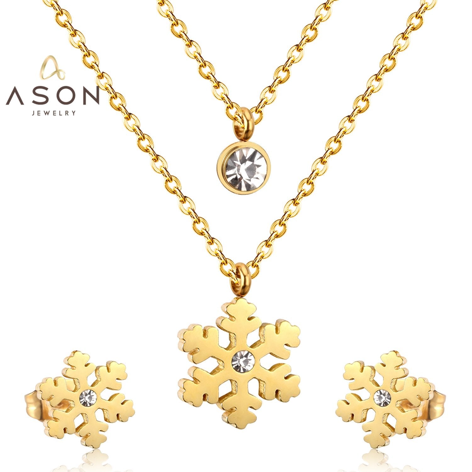 ASON Snowflake Cubic Zirconia Pendants Multilayer Necklace Earrings Jewelry Sets Gold Color Stainless Steel Women Christmas asonjewelry