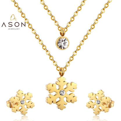 ASON Snowflake Cubic Zirconia Pendants Multilayer Necklace Earrings Jewelry Sets Gold Color Stainless Steel Women Christmas asonjewelry