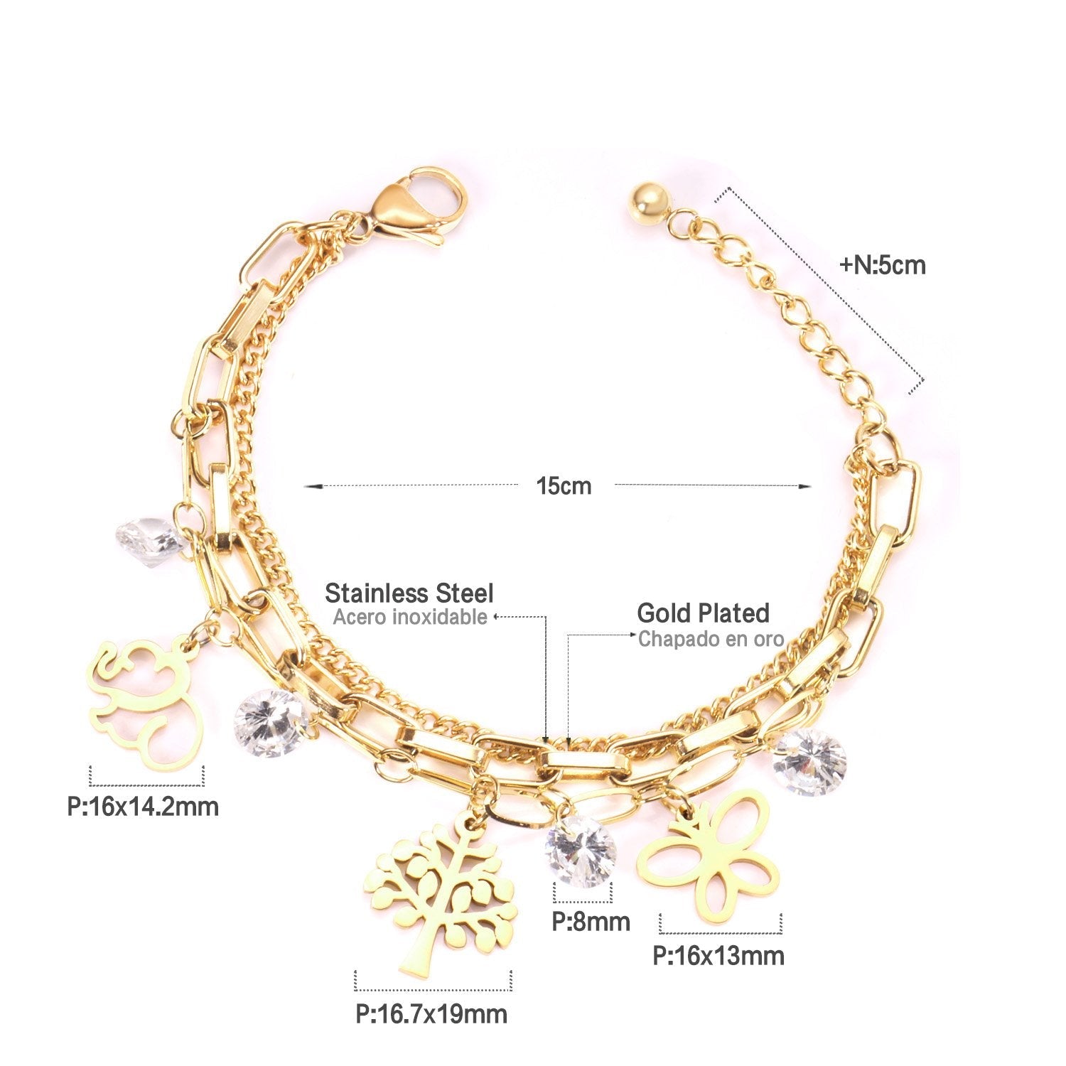 ASON Unique Extender Link Chain Bracelets Stainless Steel Gold Color Tree With Round Cubic Zirconia Adjustable Bracelets asonjewelry