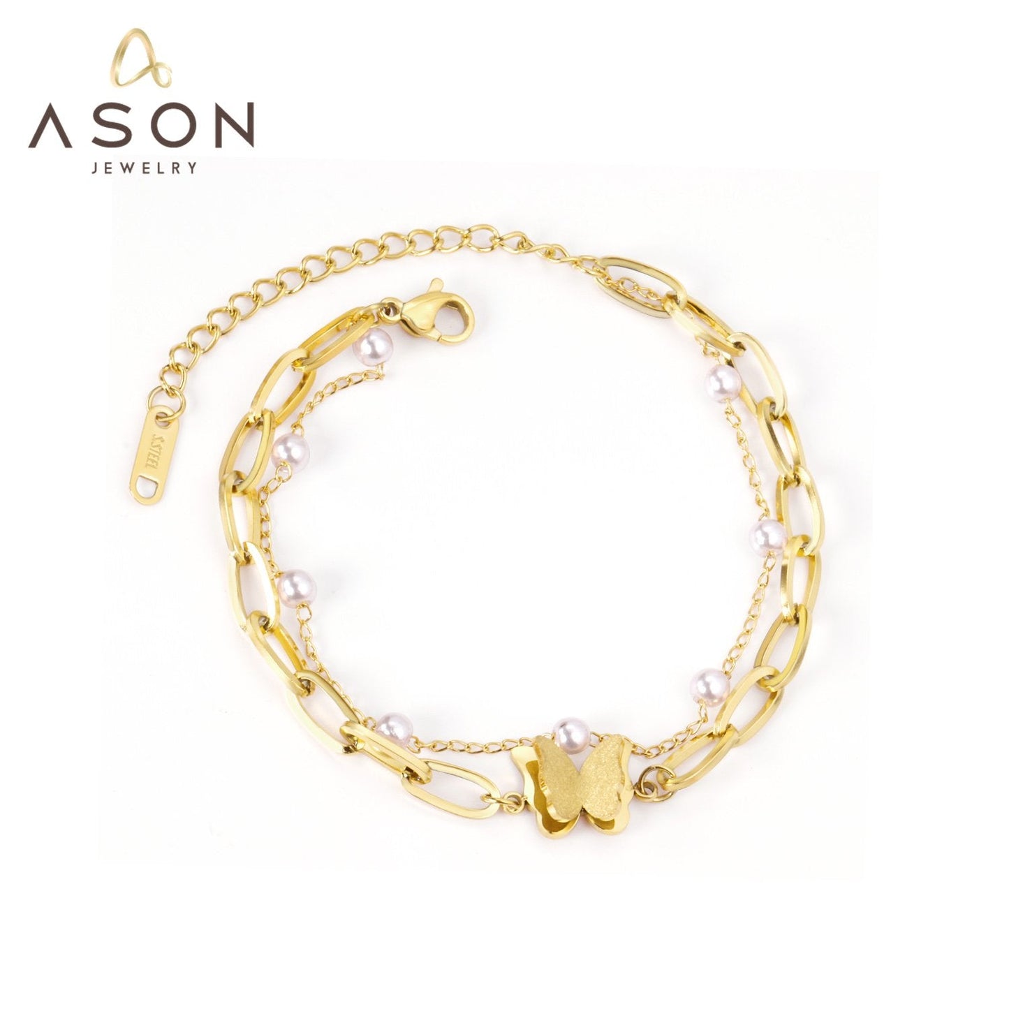 ASON Gold Color Butterfly Charm Imitation Pearl Chain Bracelet Stainless Steel Bangle for Women Fashion Jewelry Party Gift asonjewelry