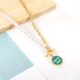 ASON Classic Round Tag Letter OT Clasp Half Pearl Chain Pendant Necklace Gold Color Stainless Steel For Women Jewelry Gift