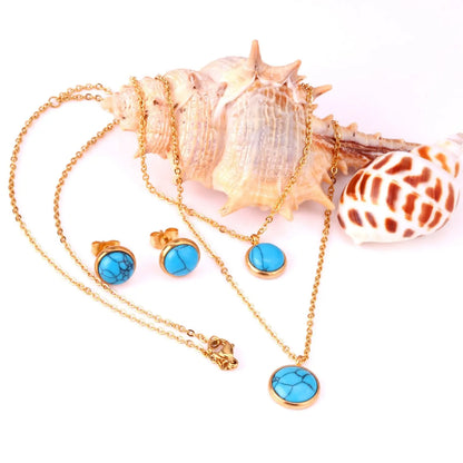 Gold Color Round Double Chain Pendant Necklaces Earrings For Woman jewelry Set Valentine Presents parures bijoux asonjewelry