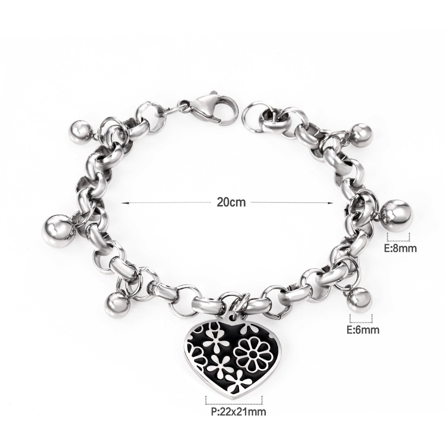 ASON Silver Color 316L Stainless Steel Bangle Heart Pendant Bracelet with Steel Ball Charm for Women Jewelry Party Gift asonjewelry