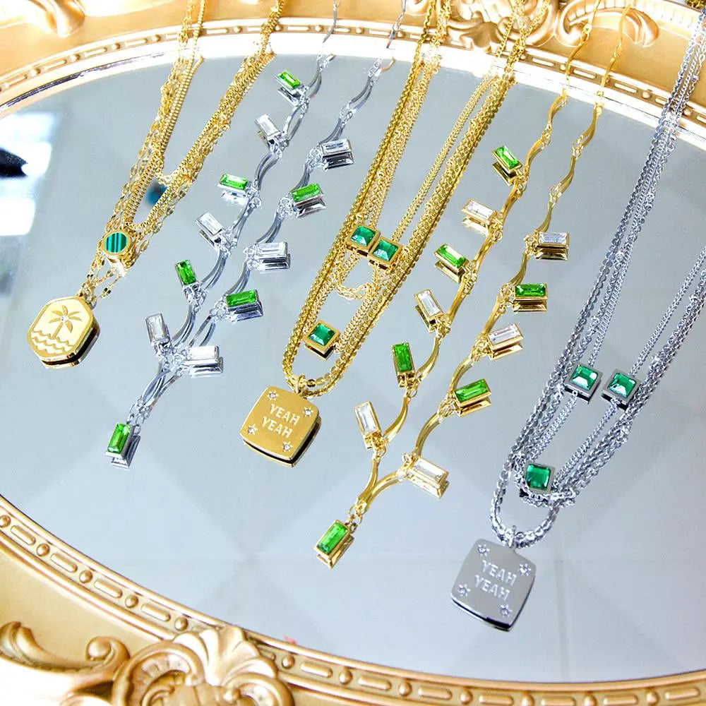 Green AAA Zirconia Collier For Woman Party Luxury Decor  Fairy Aesthetic Triple Chain Necklaces Multilayer Choker asonjewelry