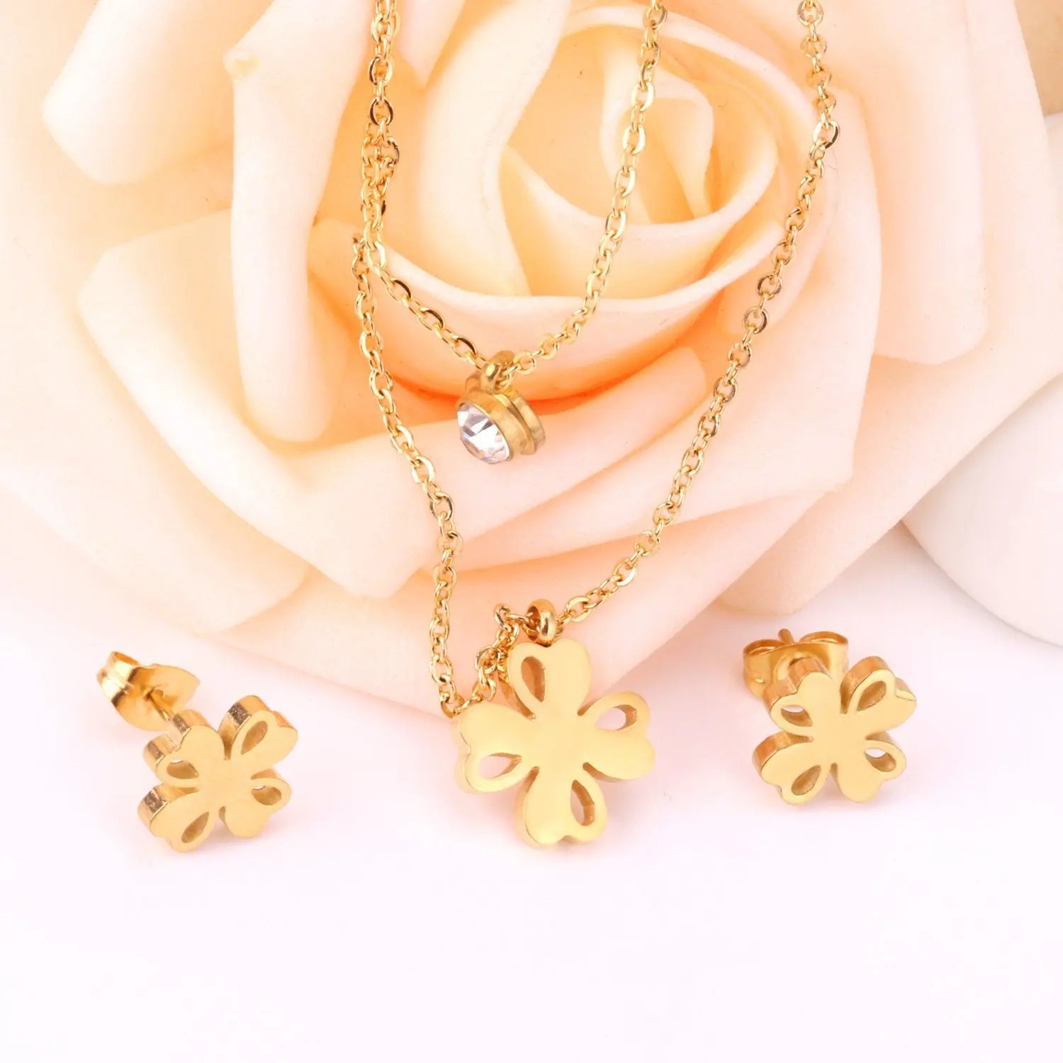 Flower Pendant Chain Crystal Gold Stainless Steel Double Necklace Stud Earrings Sets For Women  African Jewelry Set asonjewelry
