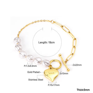 ASON Gold Color Heart Charm Imitation Pearl Stainless Steel Bracelet for Women Girl Fashion Jewelry Party Gift Accessories