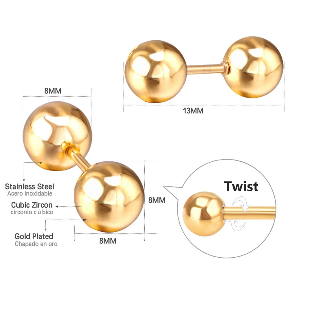 ASON 8mm Size Double Ball Screw Piercing Stud Earrings Gold Color Stai