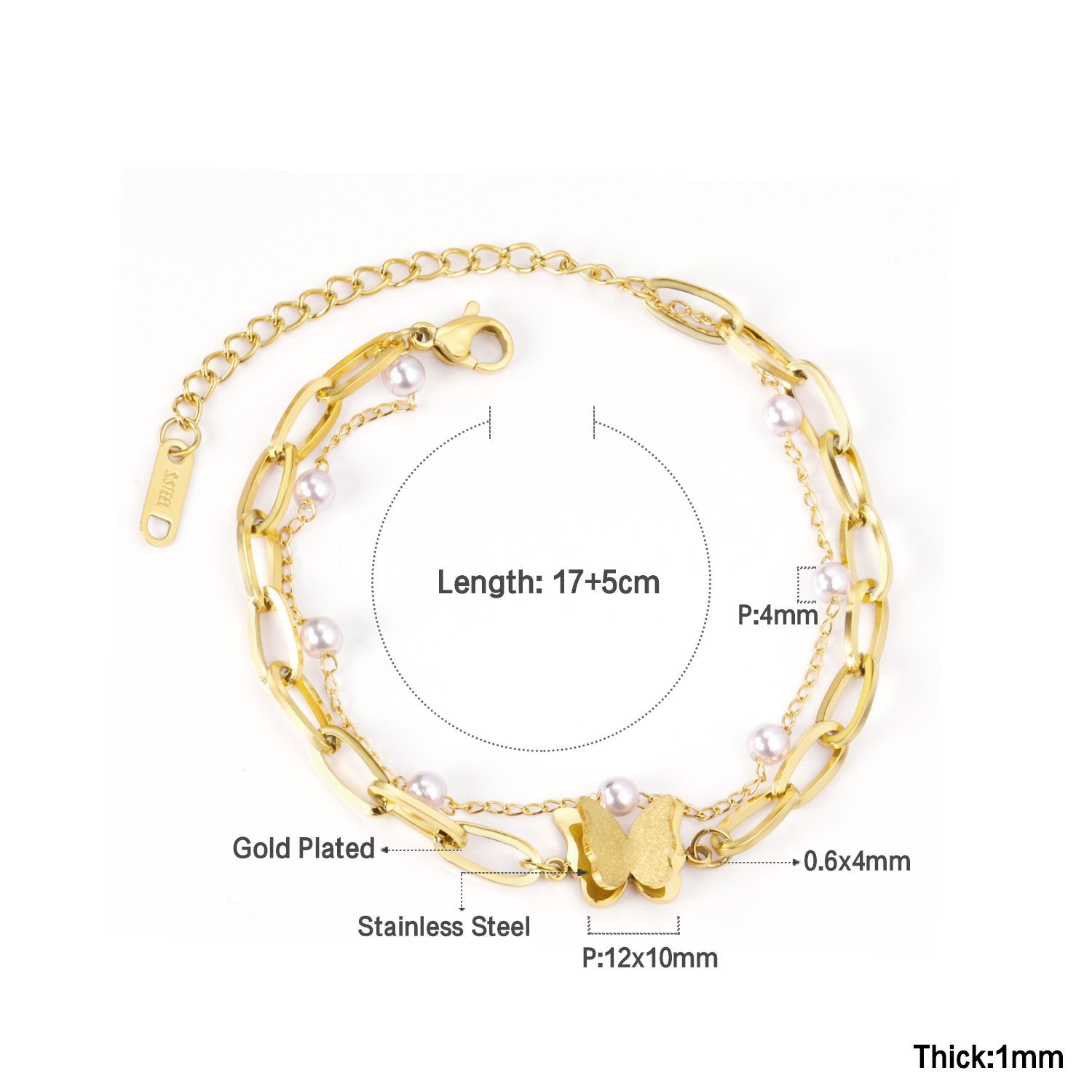 ASON Gold Color Butterfly Charm Imitation Pearl Chain Bracelet Stainless Steel Bangle for Women Fashion Jewelry Party Gift asonjewelry