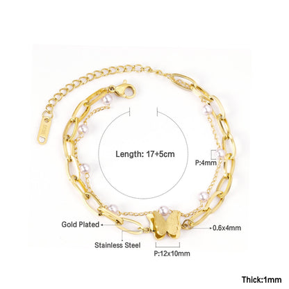 ASON Gold Color Butterfly Charm Imitation Pearl Chain Bracelet Stainless Steel Bangle for Women Fashion Jewelry Party Gift asonjewelry