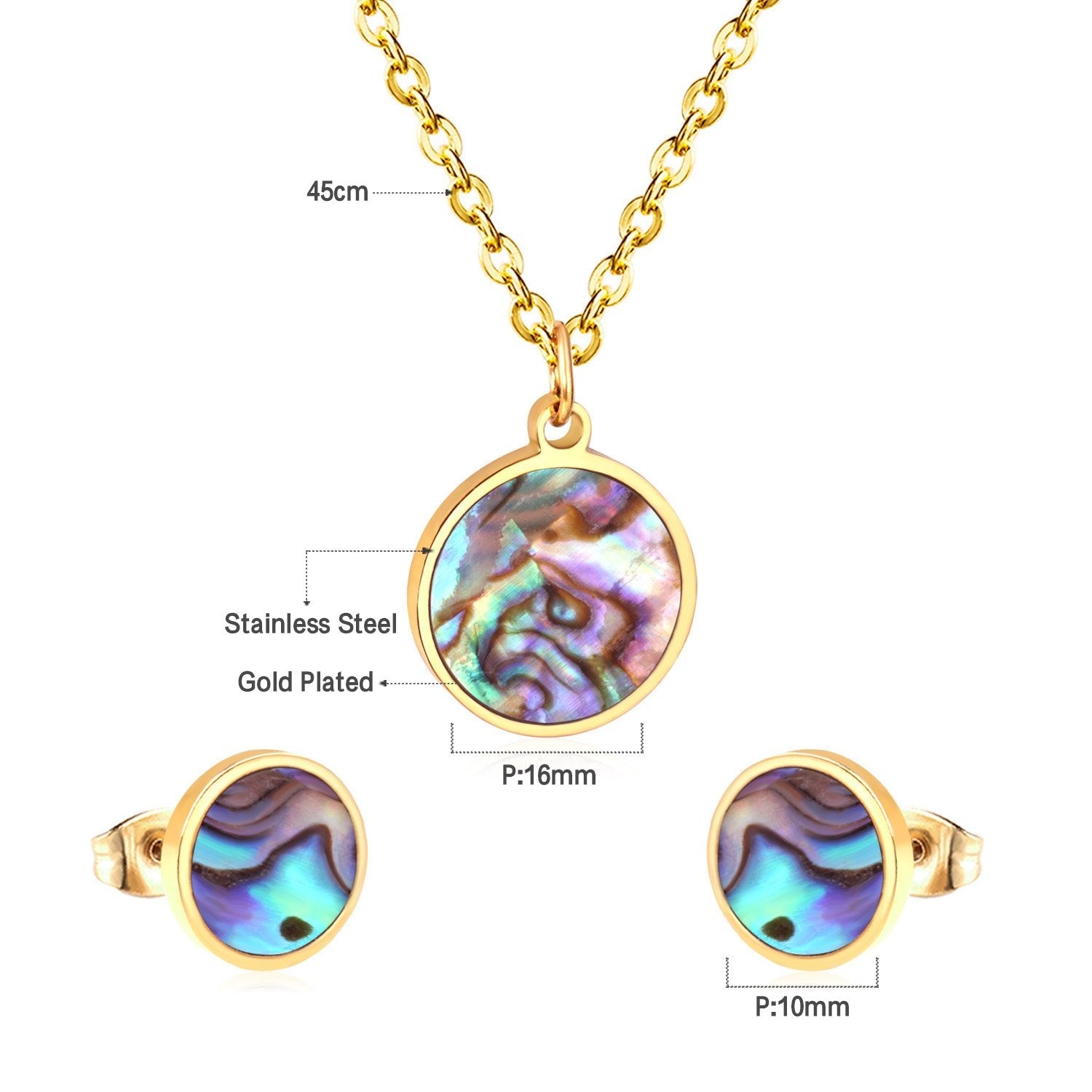 ASON Round  Wedding Shell Carbon Fiber Jewelry Sets Pendant Necklace & Small Stud Earrings 316L Stainless Steel for Women asonjewelry