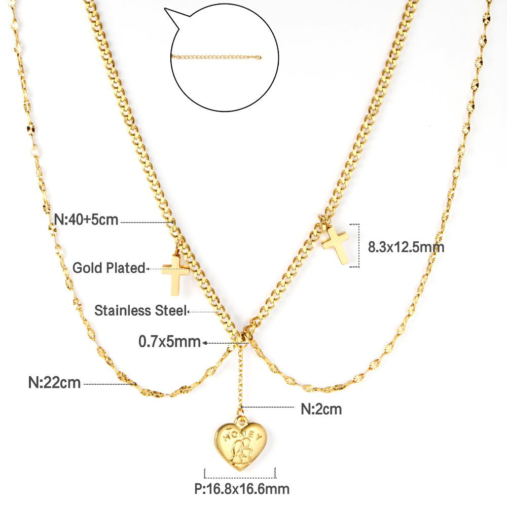 ASON Fashion Heart Cross Multi-layer Chain Pendant Necklace Gold Color Stainless Steel Choker for Women Jewelry Accessories asonjewelry
