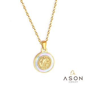 ASON-collares con colgante de concha redonda de Jesús para mujer, gargantilla de acero inoxidable de Color dorado, joyería para regalo de aniversario 