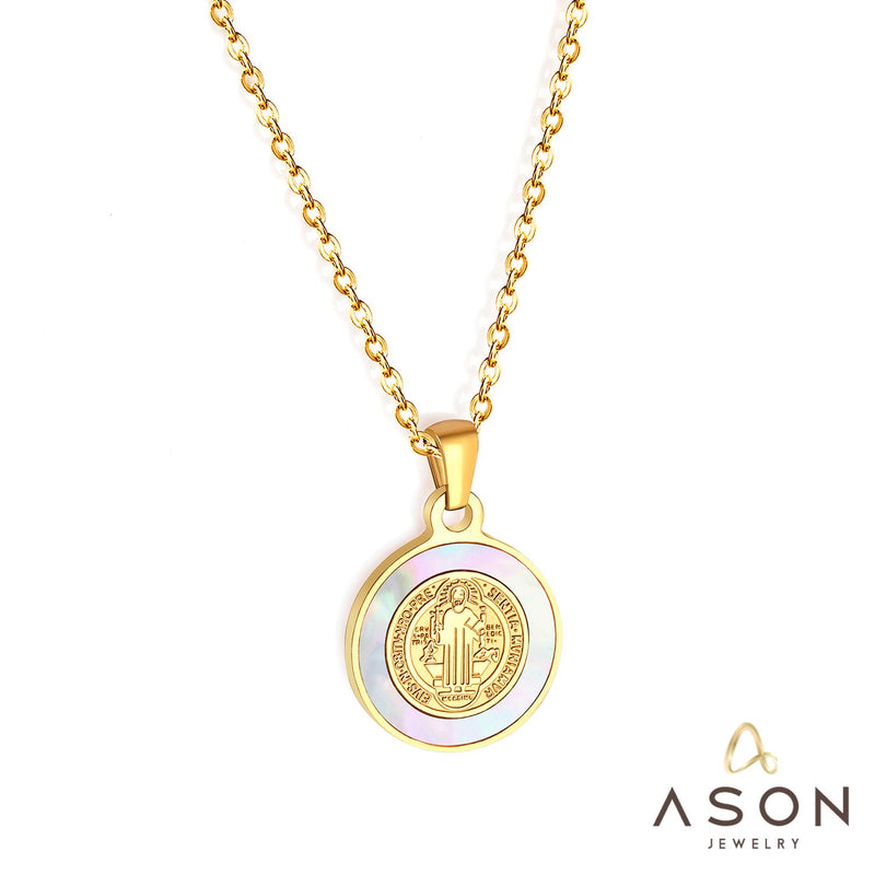 ASON – colliers avec pendentif en forme de coquille ronde de jésus, couleur or, en acier inoxydable, ras du cou, bijoux pour femmes, cadeau d'anniversaire