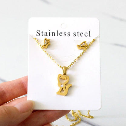 Stainless Steel Little Fox With Cubic Zirconia Necklace Earrings Set Woman Wedding Jewelry Sets Anniversary Present asonjewelry