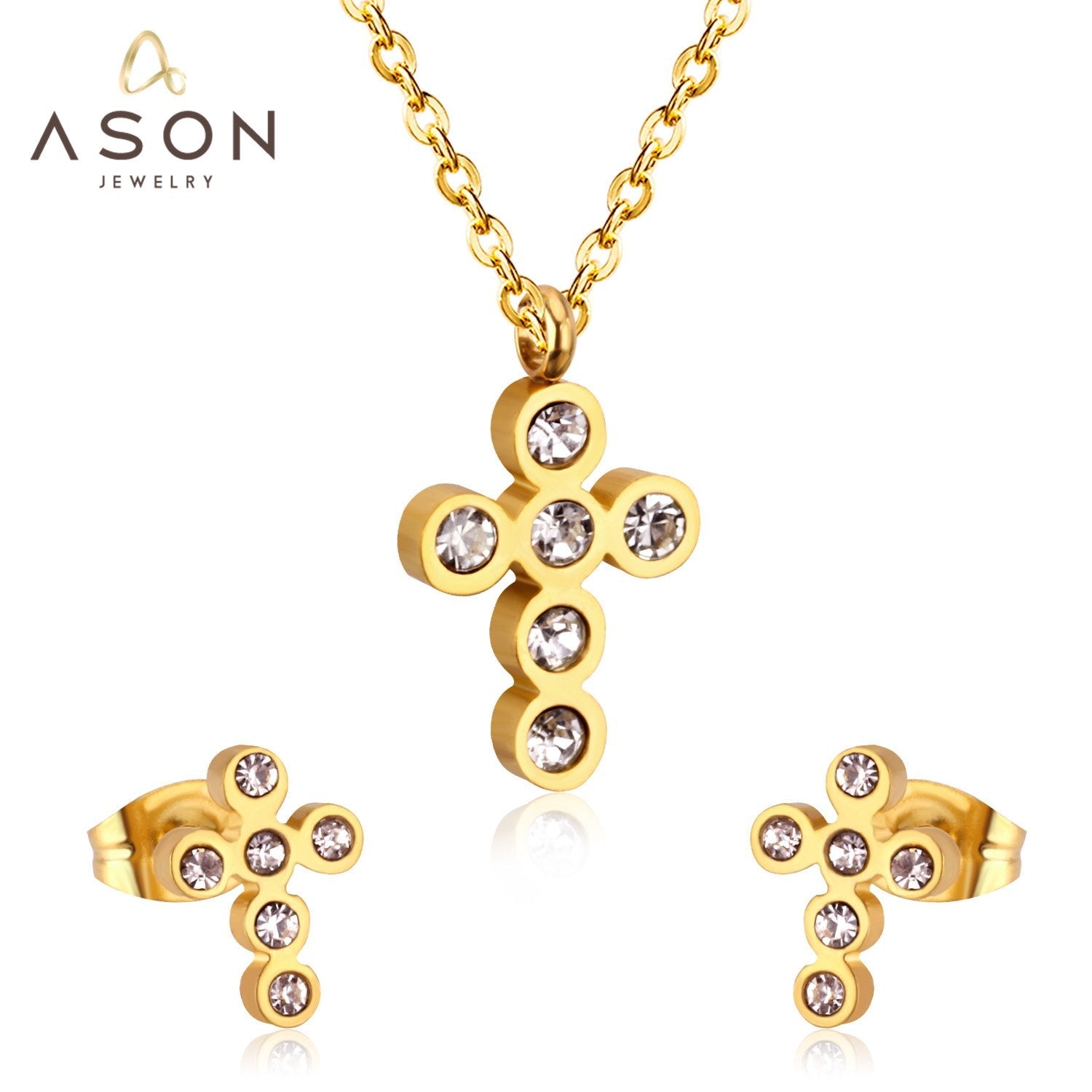 ASON Classical Cross Wedding Zirconia Jewelry Set Pendant Necklace & Drop Stud Earrings Gold 316L Stainless Steel for Women asonjewelry
