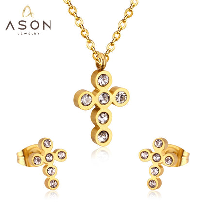 ASON Classical Cross Wedding Zirconia Jewelry Set Pendant Necklace & Drop Stud Earrings Gold 316L Stainless Steel for Women asonjewelry