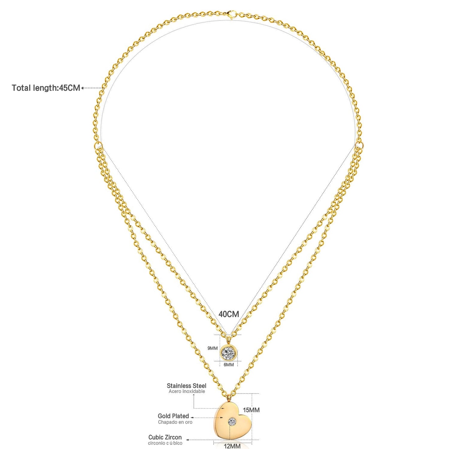 ASON Heart Shape Pendant Necklaces Gold Color Stainless Steel Multi-layer Chains Round Cubic Zirconia Choker For Women asonjewelry
