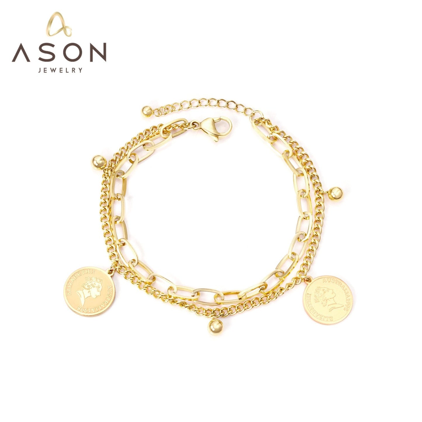 ASON Gold Color Multi-layer Bracelet with Coin Charm Stainless Steel Bangle Bracelets with Lobster Clasp Extender for Women asonjewelry
