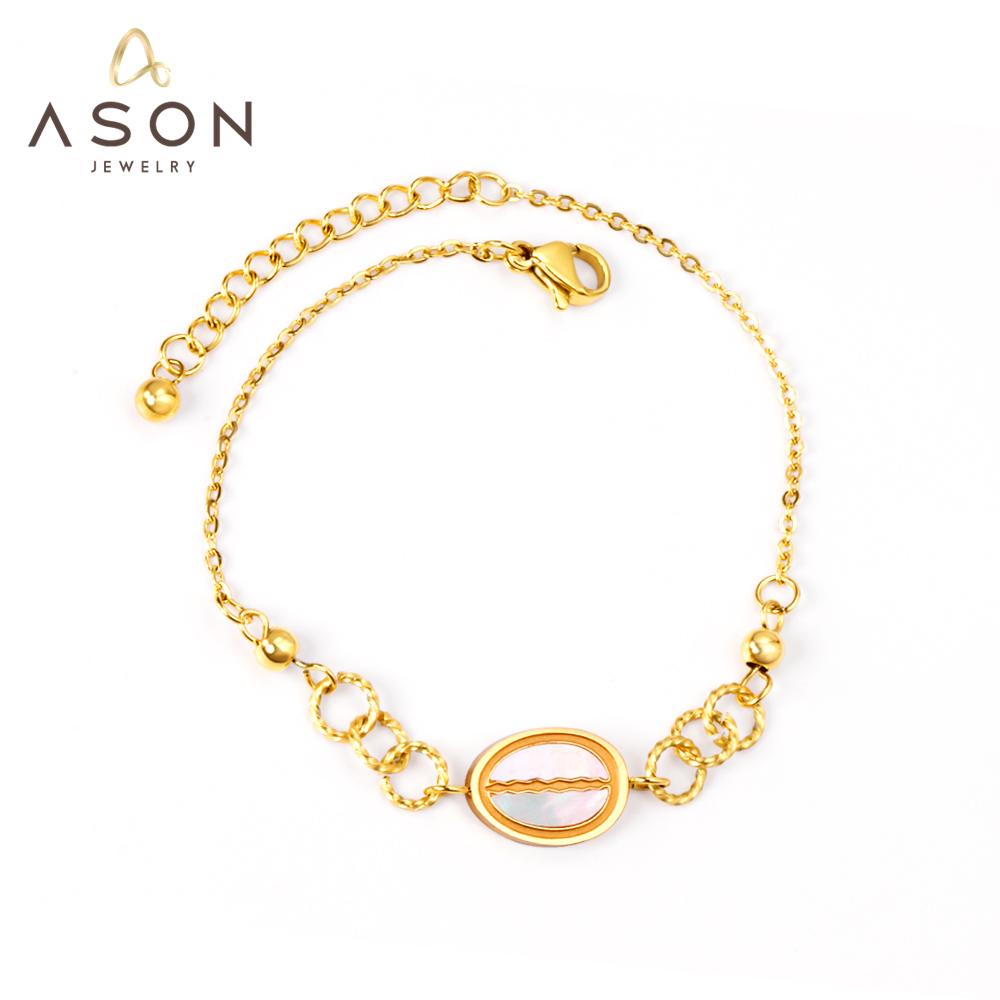 ASON Simple Style Shell Shape Charm Bracelet Gold Color Stainless Steel Bangle with Extender 17+3cm for Women Gift Jewelry asonjewelry