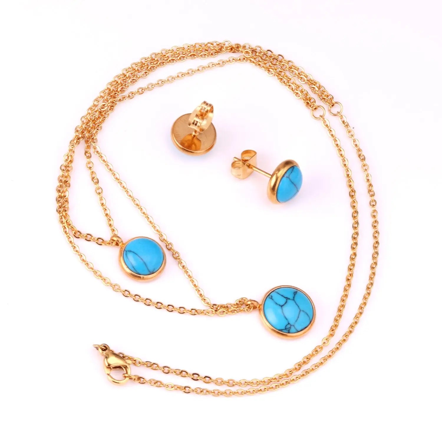 Gold Color Round Double Chain Pendant Necklaces Earrings For Woman jewelry Set Valentine Presents parures bijoux asonjewelry