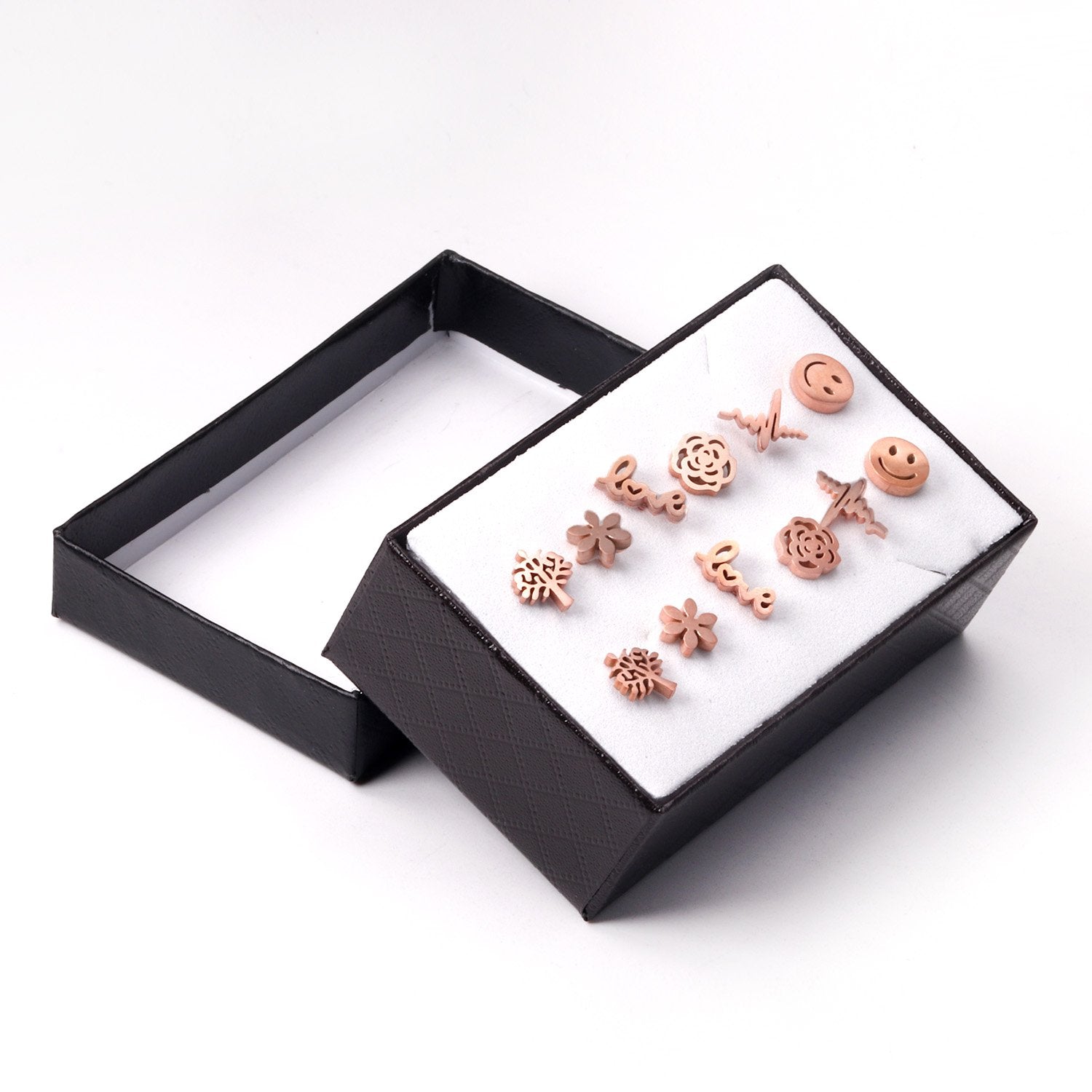 ASON Small Earrings Trendy Jewelry Rose Gold Color Flower Tree Smile Letter 6pairs/Box Stainless Steel Earrings Sets Party asonjewelry