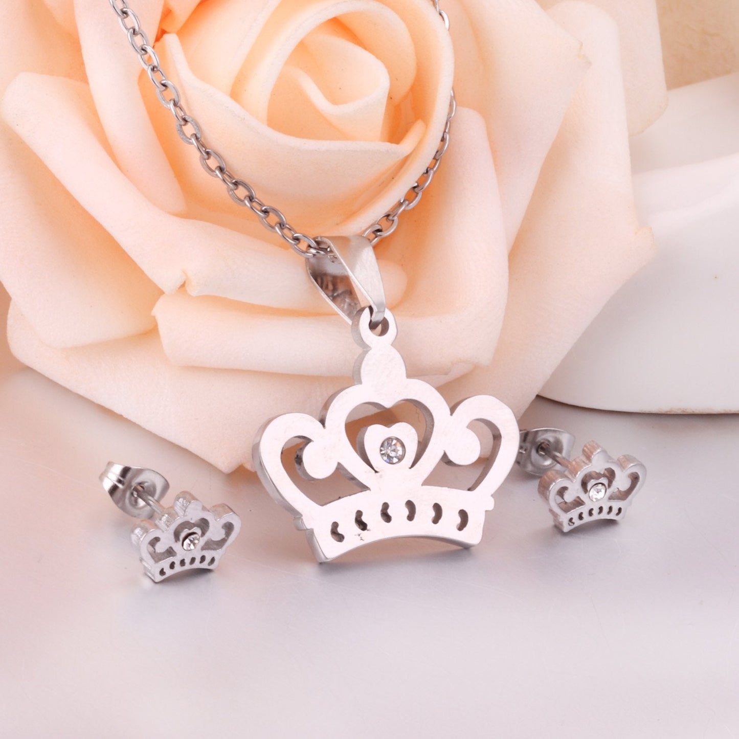 ASON Crown Pendant Necklace Charm Small Piercing Stud Earrings Jewelry Sets Gold Color Stainless Steel For Women asonjewelry
