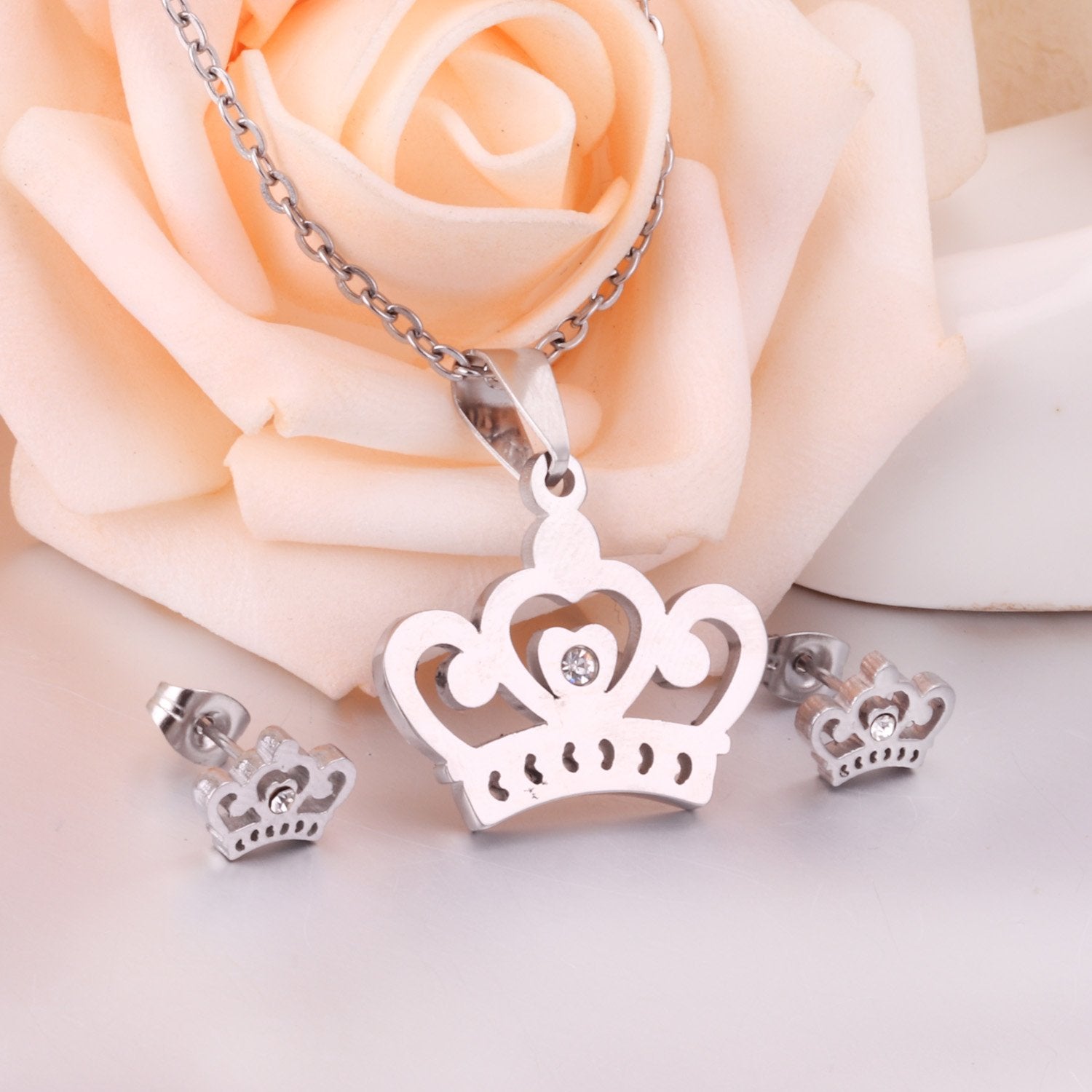 ASON Crown Pendant Necklace Charm Small Piercing Stud Earrings Jewelry Sets Gold Color Stainless Steel For Women asonjewelry