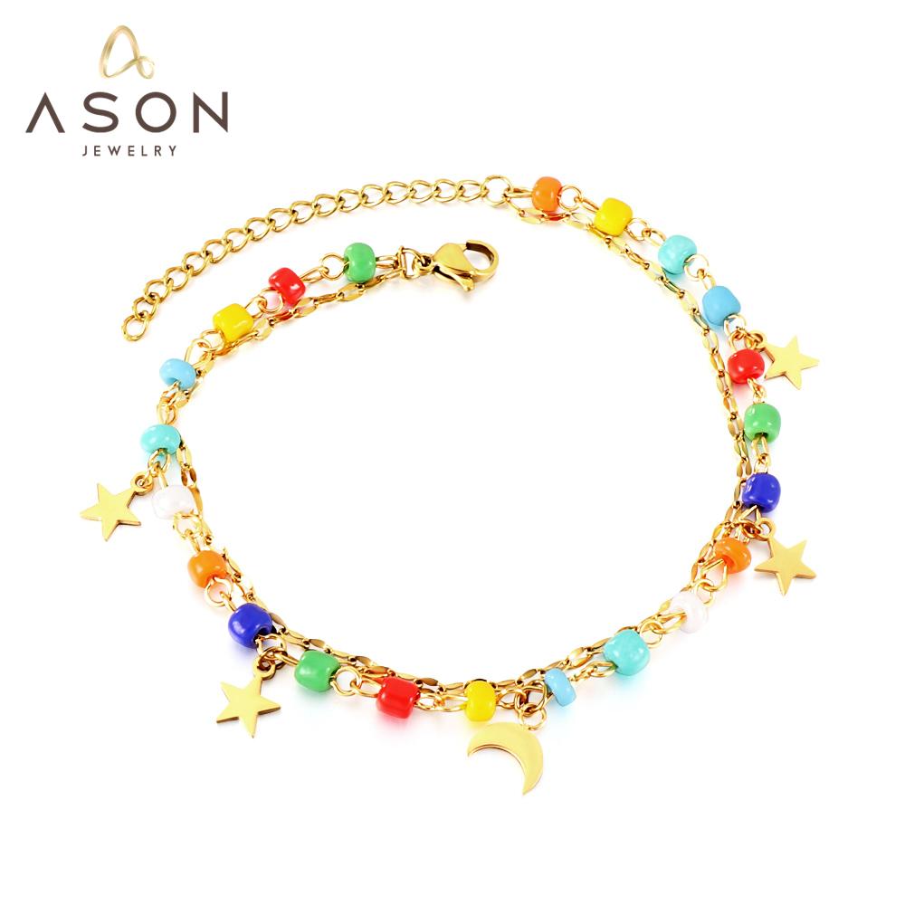 ASON Trendy Mixed Color Beads Moon And Star Accessories Multi-layer Chains Anklet Gold Color Stainless Steel For Women Gift asonjewelry