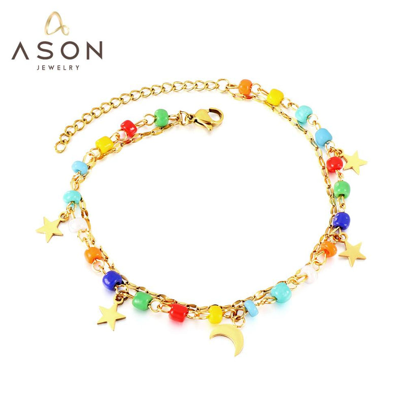ASON Trendy Mixed Color Beads Moon And Star Accessories Multi-layer Chains Anklet Gold Color Stainless Steel For Women Gift