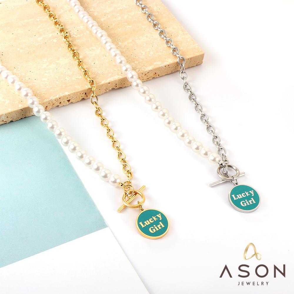 ASON Classic Round Tag Letter OT Clasp Half Pearl Chain Pendant Necklace Gold Color Stainless Steel For Women Jewelry Gift asonjewelry