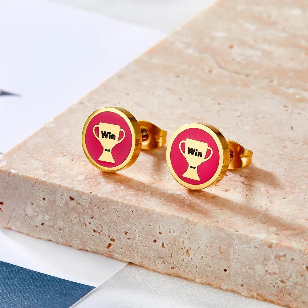 Enamel Stud Earrings Stainless Steel Sports Pattern Jewelry Football Badminton Tennis Kids Sugical Round Piercing asonjewelry