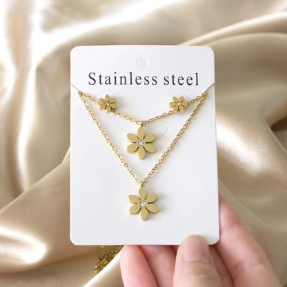 New Gold Flower Shape Stainless Steel Double Necklaces Earrings Sets For Female Trendy Jewellry Sets bijoux femme asonjewelry