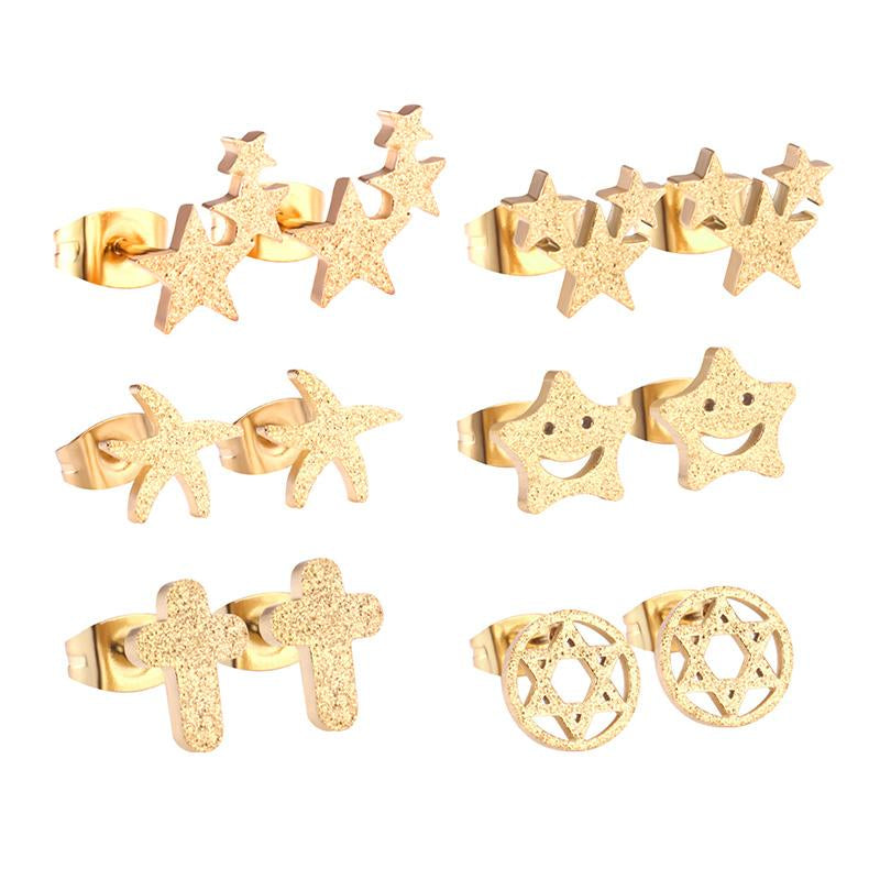 ASON 6pairs/Box Cute Baby Cross/Smile/Star/Round Piercing Stud Earrings Set Gold Color Accessories  Stainless Steel Jewelry asonjewelry