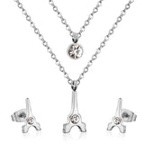 Brand New Stainless Steel Eiffel Tower Pendants Round Crystal Double Necklace Earrings For Women Dubai Jewelry Set