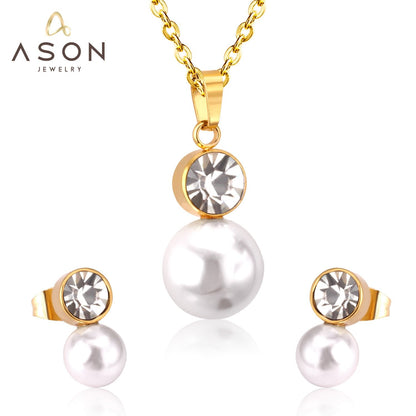 ASON  Classic Jewelry Dubai Jewelry Sets Round Imitation Pearl Pendant Necklace Earring Sets With Round Zirconia Pendants asonjewelry