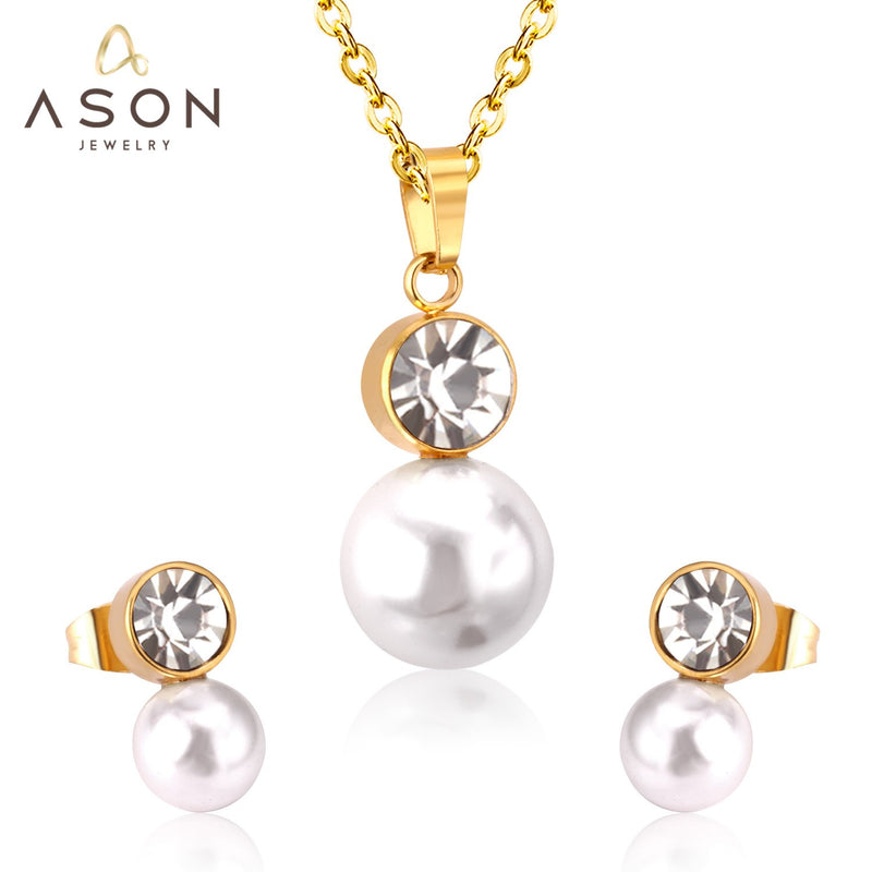 ASON Classic Jewelry Dubai Jewelry Sets Round Imitation Pearl Pendant Necklace Earring Sets With Round Zirconia Pendants