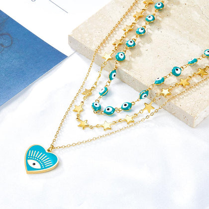 Triple Layered Green Necklaces Heart Eyes Pendant Collier For Trendy Woman Aesthetic Stars Chains Evil Eyes Choker asonjewelry