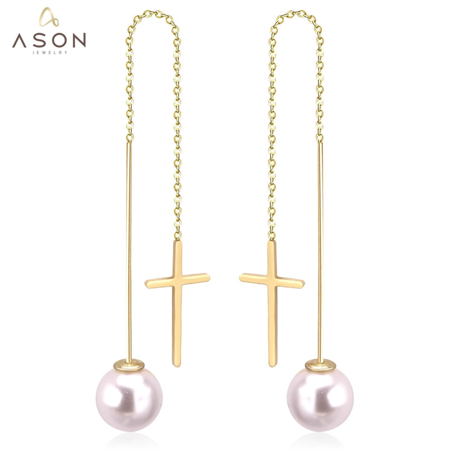 ASON Long Line Link Chain Imitation Pearl Dangle Earrings for Women Gold Color Cross Earrings Female Bijoux Pendientes asonjewelry